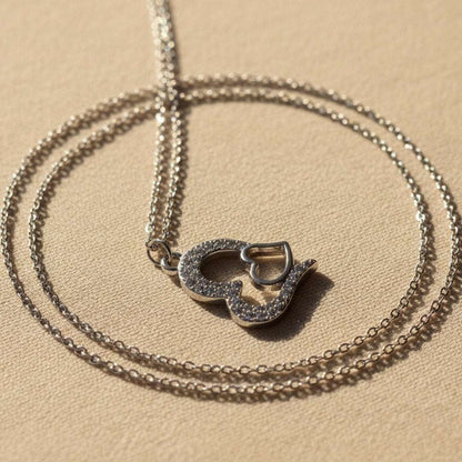 Double Heart Crystal Pendant Necklace – Silver Chain