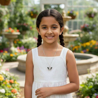 Silver Butterfly Pendant Necklace – Black & White Enamel