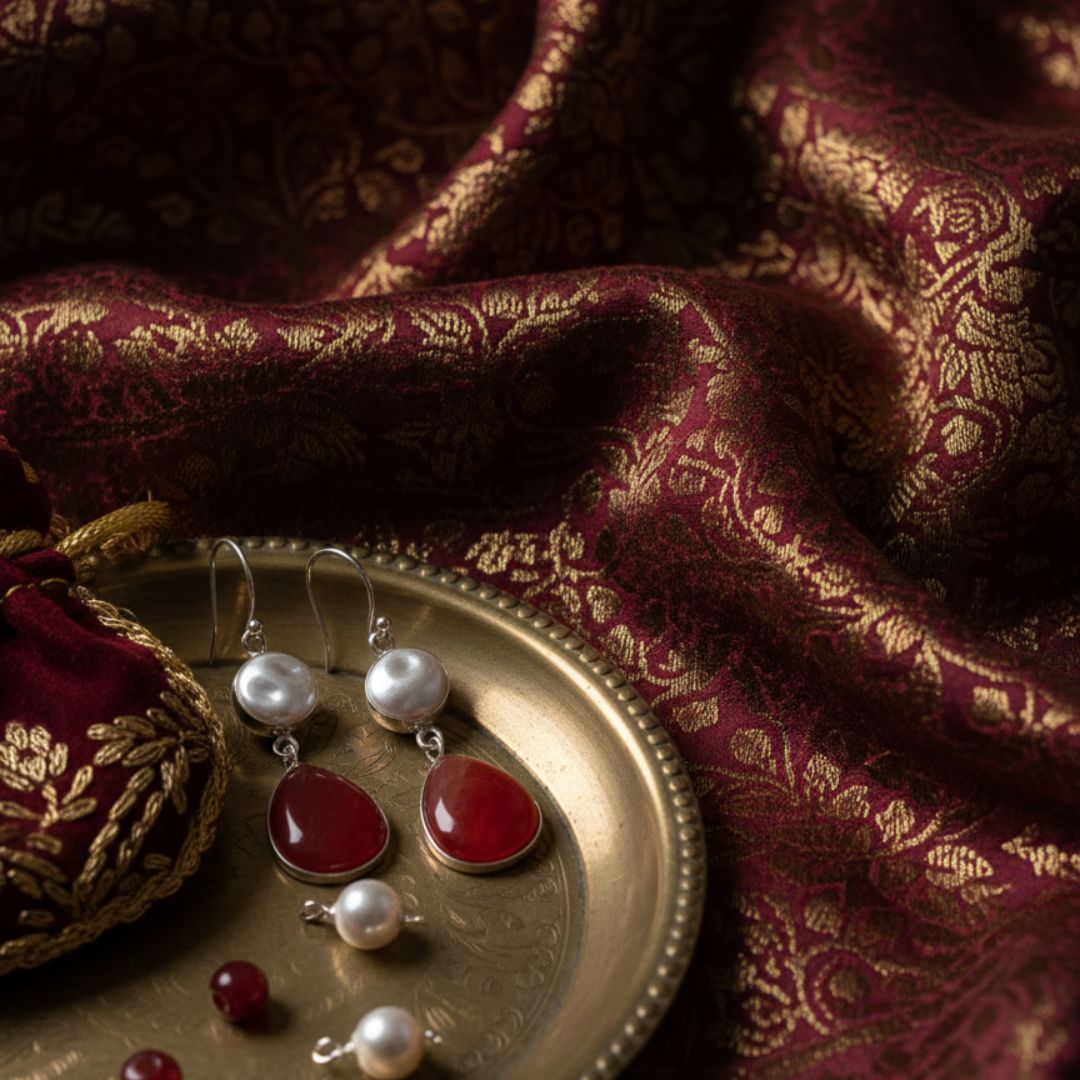 Silver Pearl & Red Onyx Teardrop Earrings