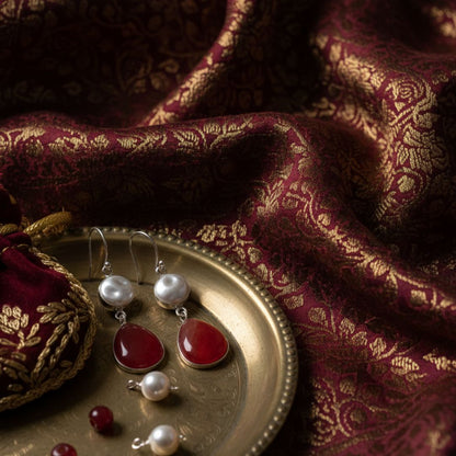 Silver Pearl & Red Onyx Teardrop Earrings