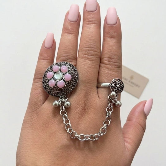 Oxidized German Silver kashmiri style Pink Stone Floral Chain Hand Harness Ring