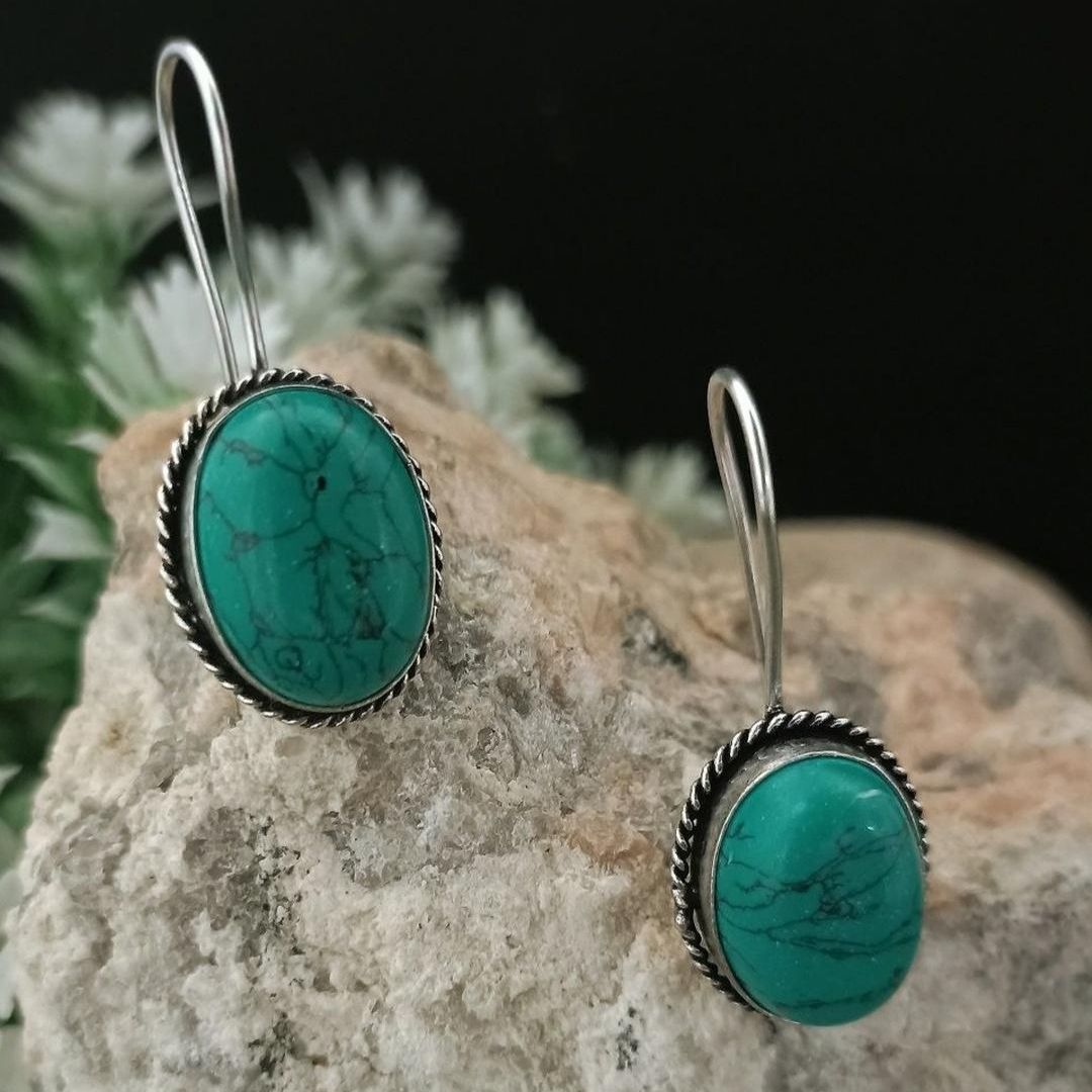 Turquoise Stone Drop Earrings for Women | Oxidized German Silver Oval Dangle Earrings
