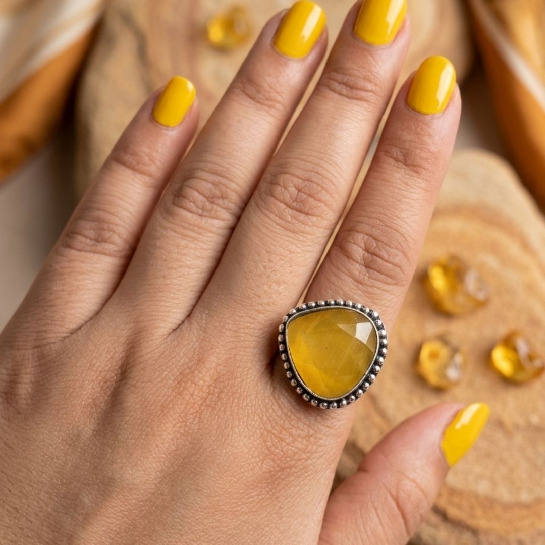 Oxidised Yellow Stone Statement Ring – Vintage Handcrafted Design
