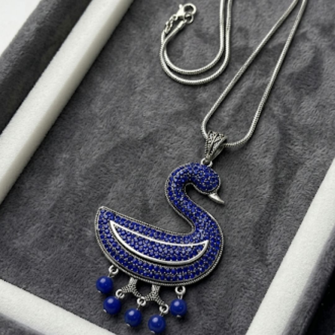 Oxidized Swan Pendant Necklace with Royal Blue Diamond-Look Stones & Hanging Pearl Drops