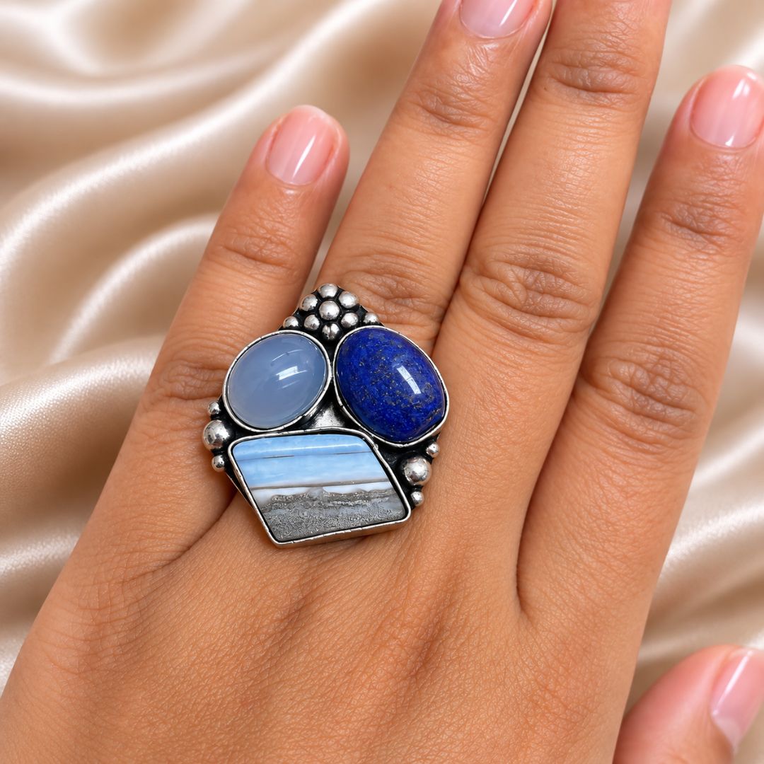 Sterling Oxidised Silver Statement Ring with Blue Chalcedony, Lapis Lazuli & Banded Gemstone