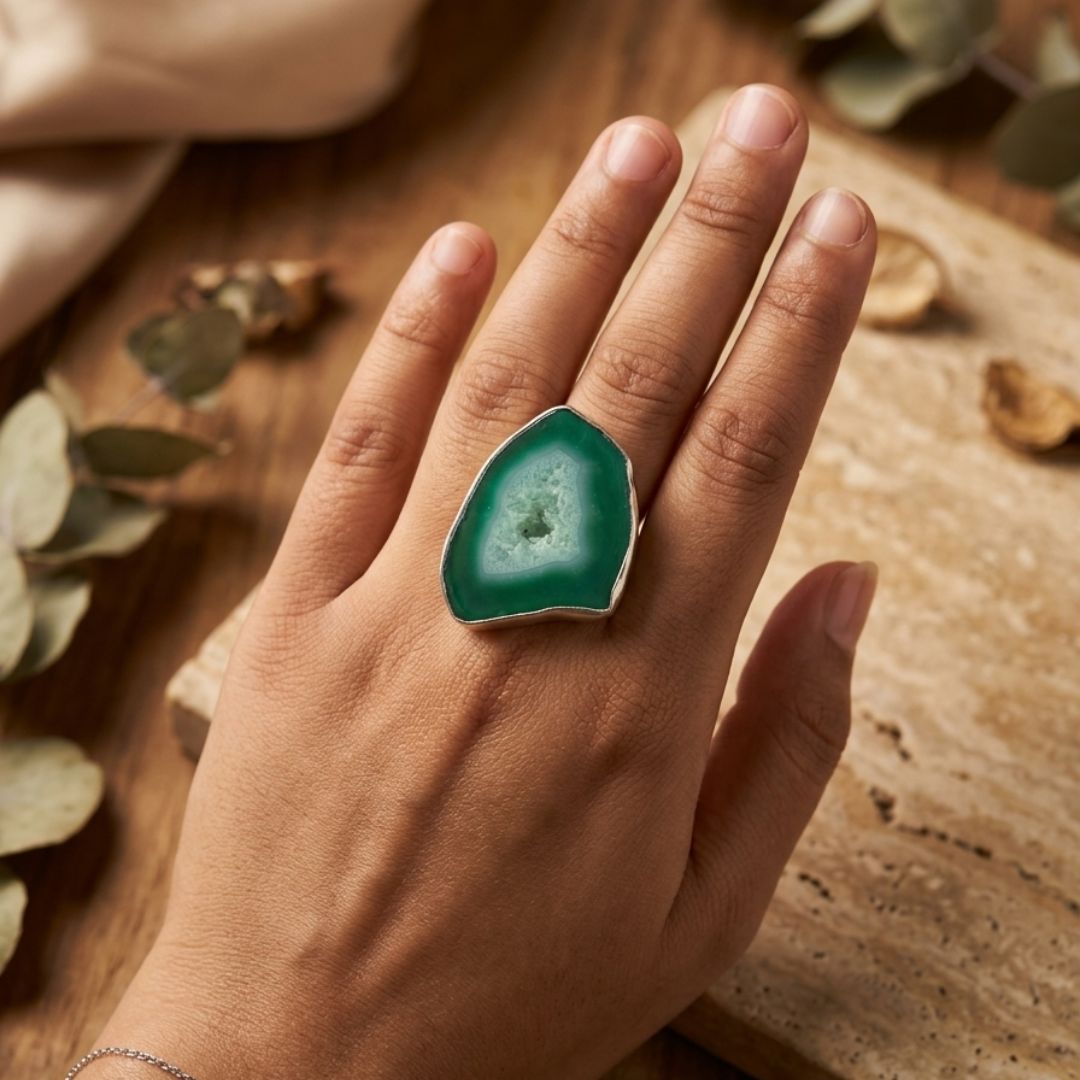 Green Druzy Agate Slice Ring in Sterling Silver