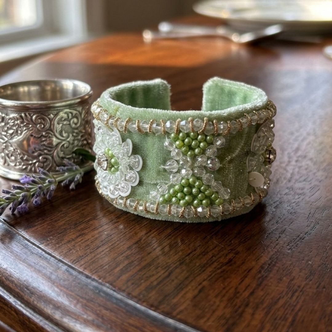 Handcrafted Mint Green Beaded Velvet Bracelet with Floral Crystal