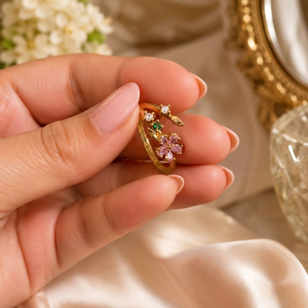 Elegant Adjustable Floral Open Ring – Gold-Tone with Pink & Green Crystal Accents