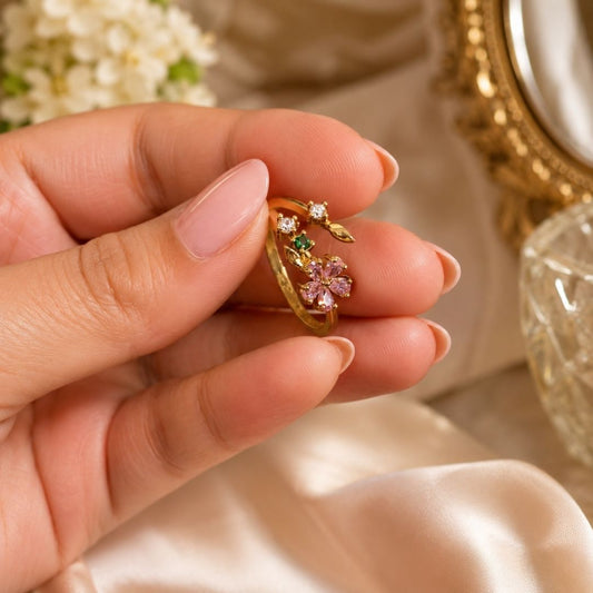 Elegant Adjustable Floral Open Ring – Gold-Tone with Pink & Green Crystal Accents