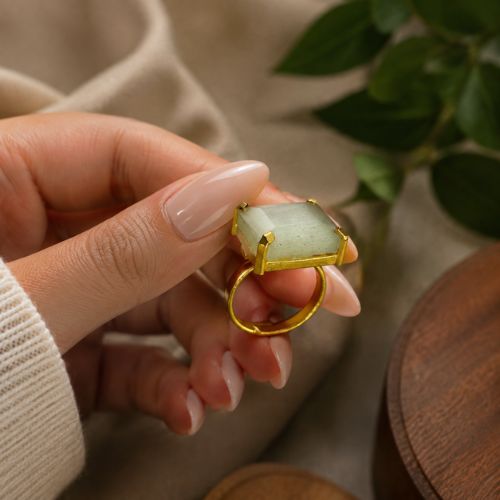 Soft Green Gemstone Statement Ring with Gold Setting