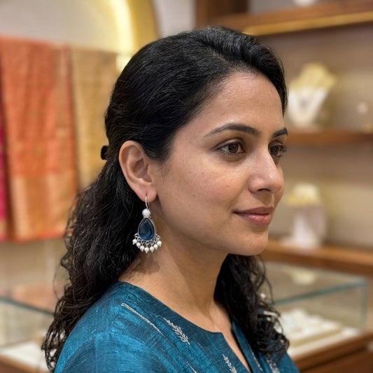 Royal Blue Stone & Pearl Drop Earrings in Sterling Silver