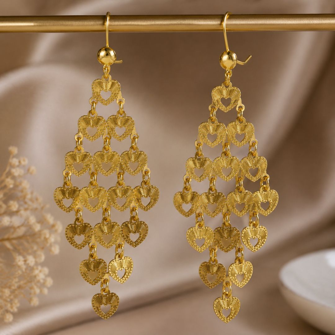 Golden Heart Cascade Drop Earrings