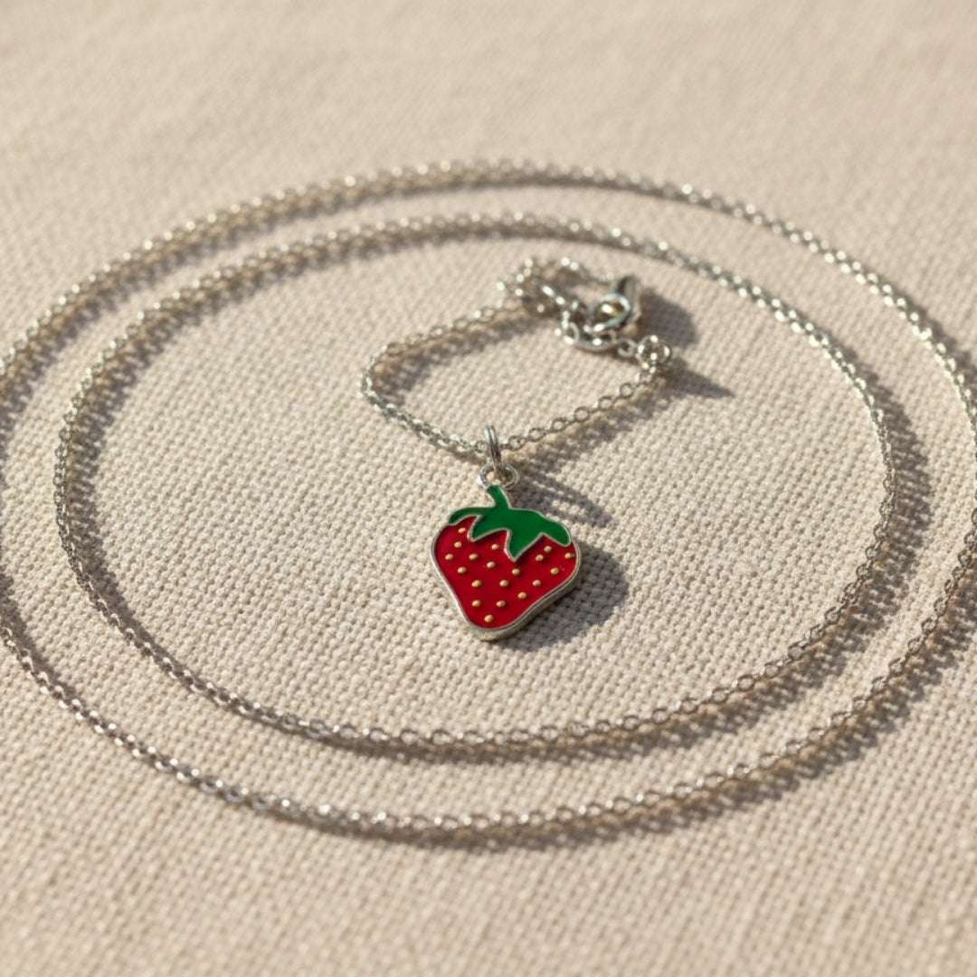 Strawberry Charm Pendant Necklace – Kids Silver Chain