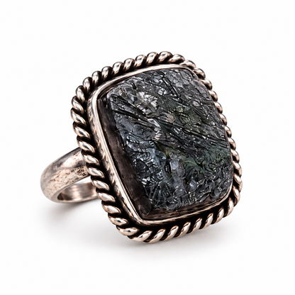 Rustic Black Druzy Gemstone Ring in Antique Rose Gold Finish