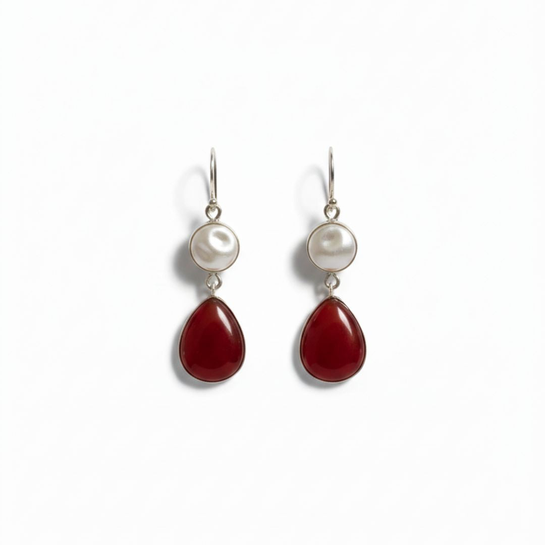 Silver Pearl & Red Onyx Teardrop Earrings