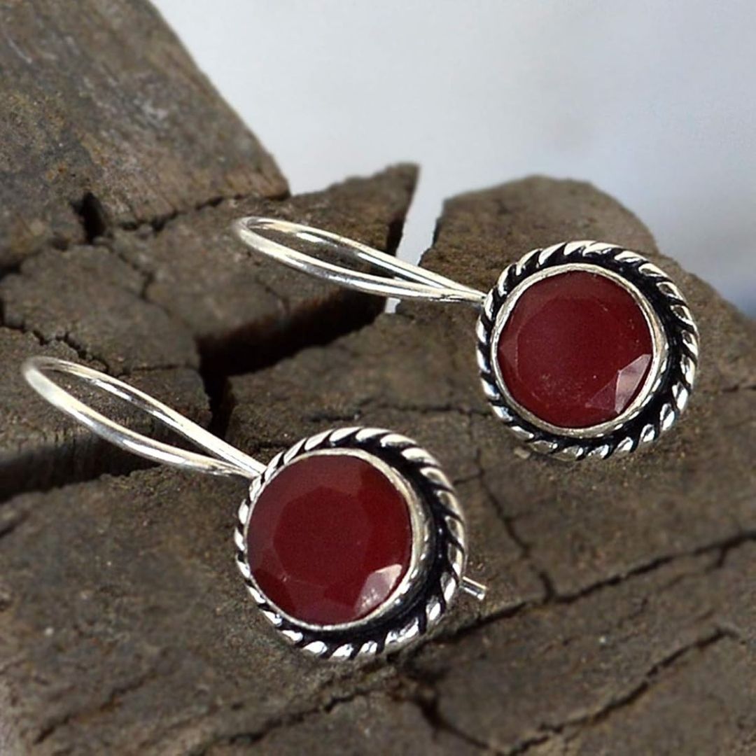 Vintage Red Cabochon Drop Earrings – Silver Tone Round Dangle Earrings