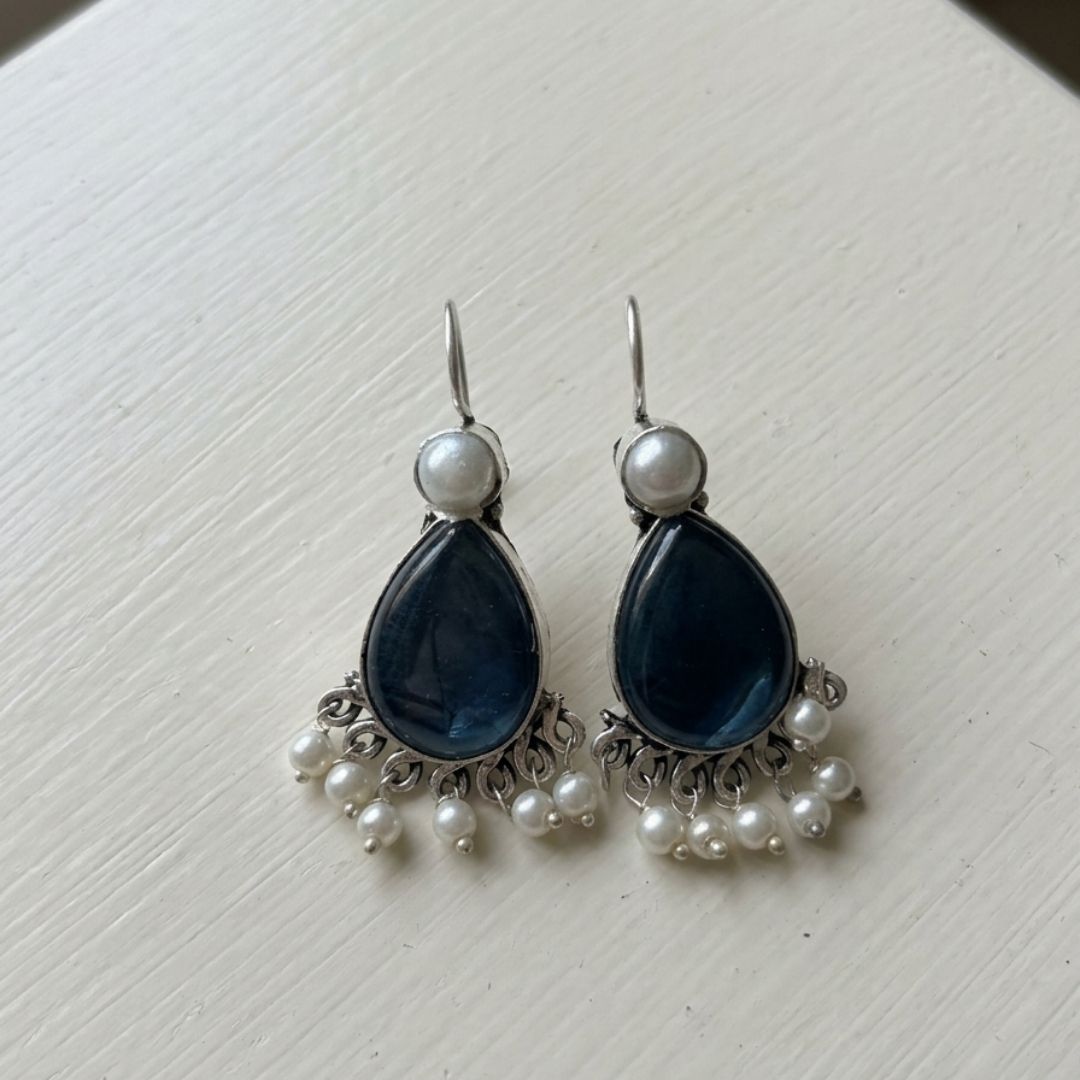Royal Blue Stone & Pearl Drop Earrings in Sterling Silver