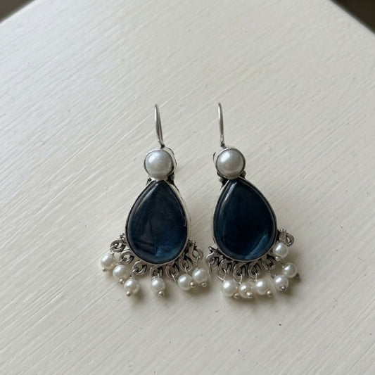 Royal Blue Stone & Pearl Drop Earrings in Sterling Silver