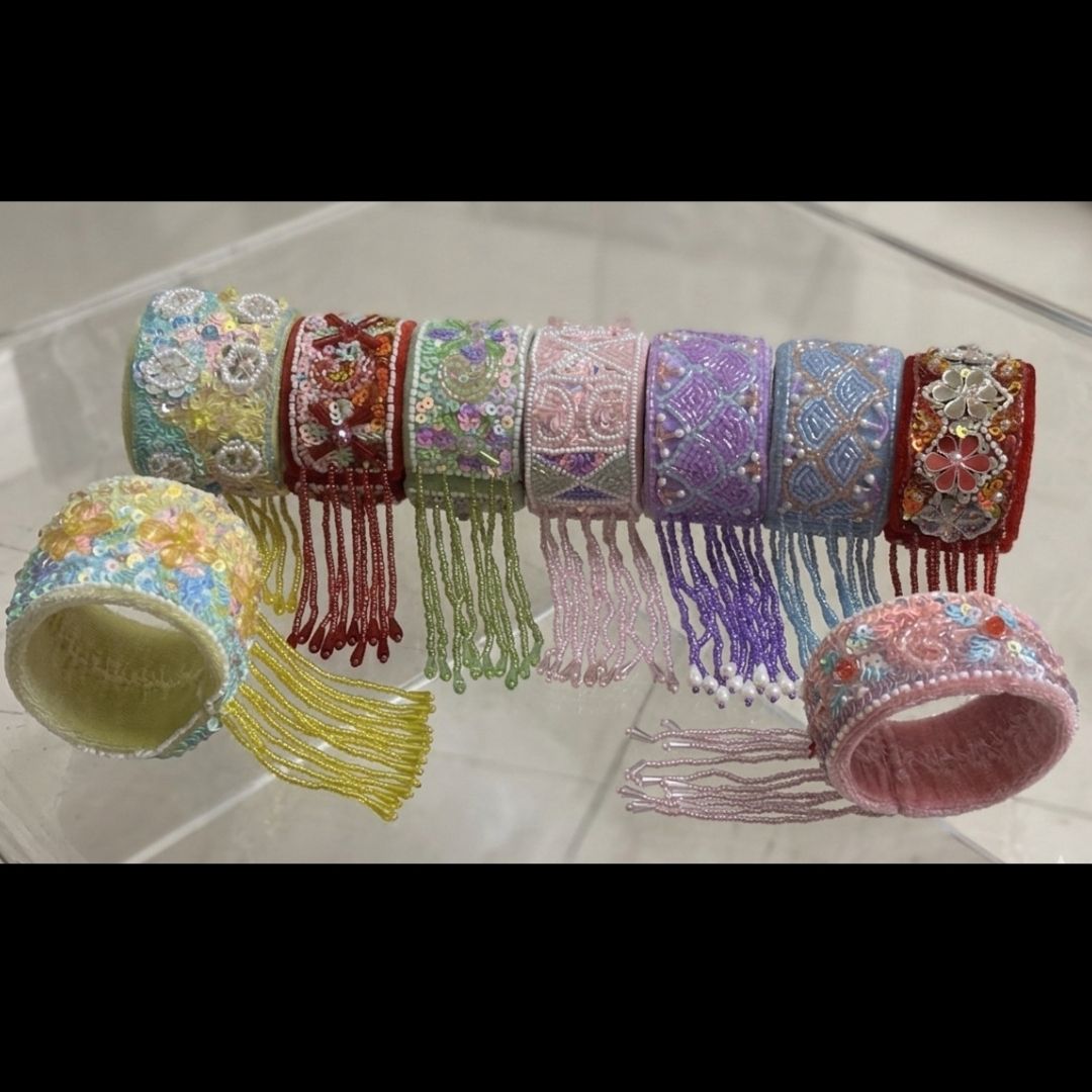 Handmade Velvet Beaded Cuff Bracelet with Pastel Sequin Embroidery & Fringe
