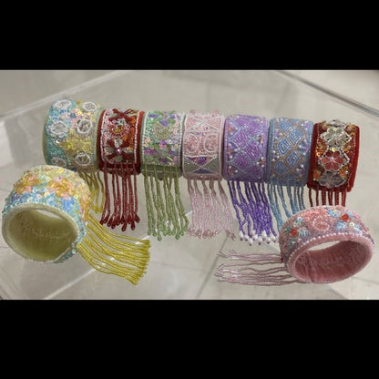 Handmade Velvet Beaded Cuff Bracelet with Pastel Sequin Embroidery & Fringe