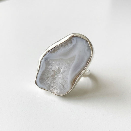 White Druzy Agate Statement Ring in Sterling Silver