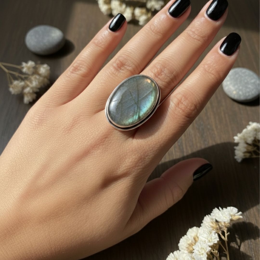 Aurora Veil Oval Stone Oxidised Ring