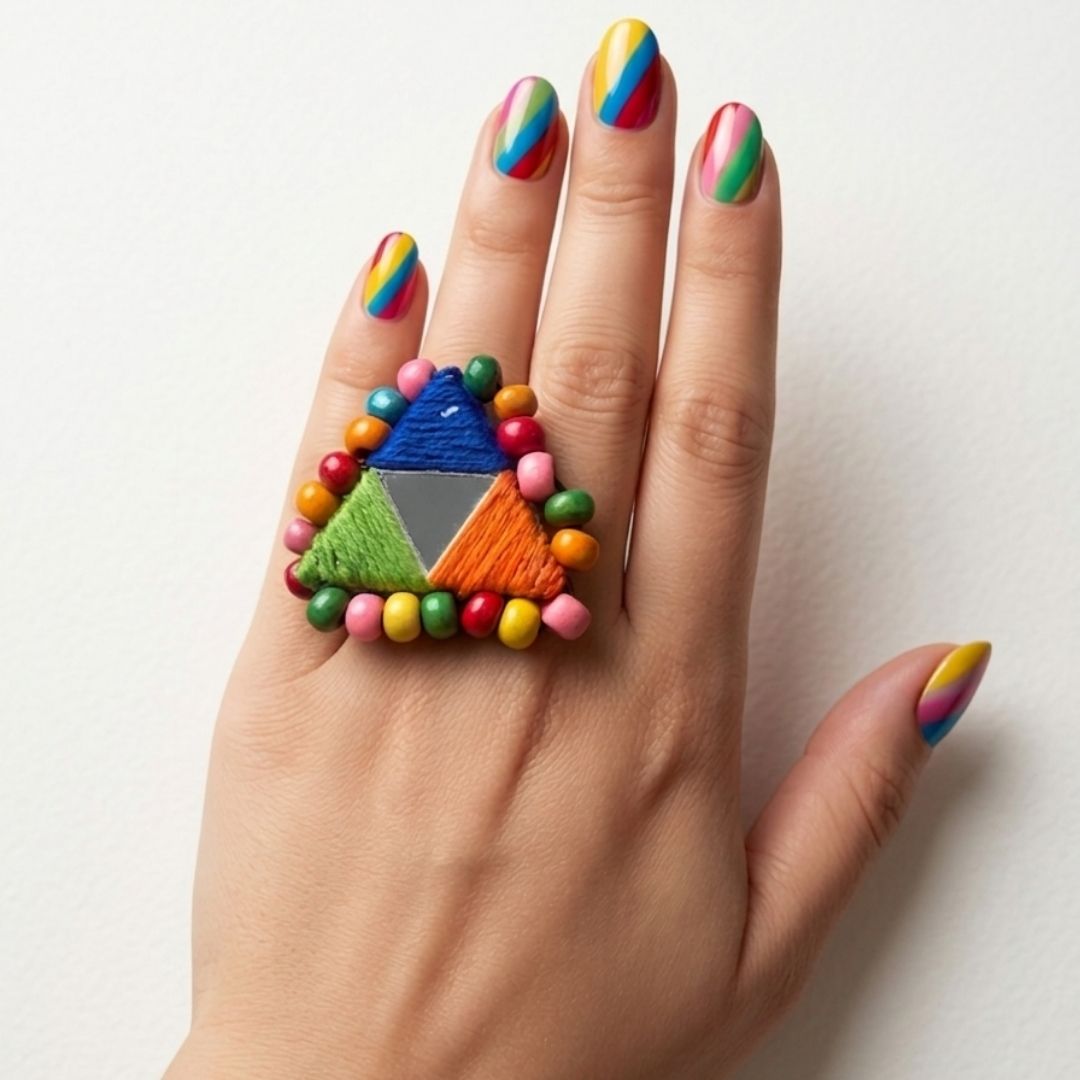 Handmade Multicolor Thread & Mirror Work Statement Ring