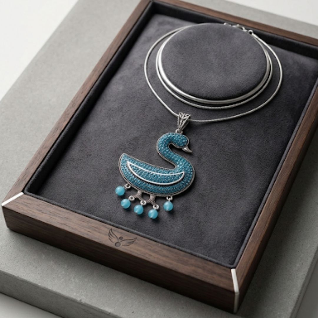 Oxidized Swan Pendant Necklace with Turquoise Diamond-Look Stones & Hanging Pearl Drops