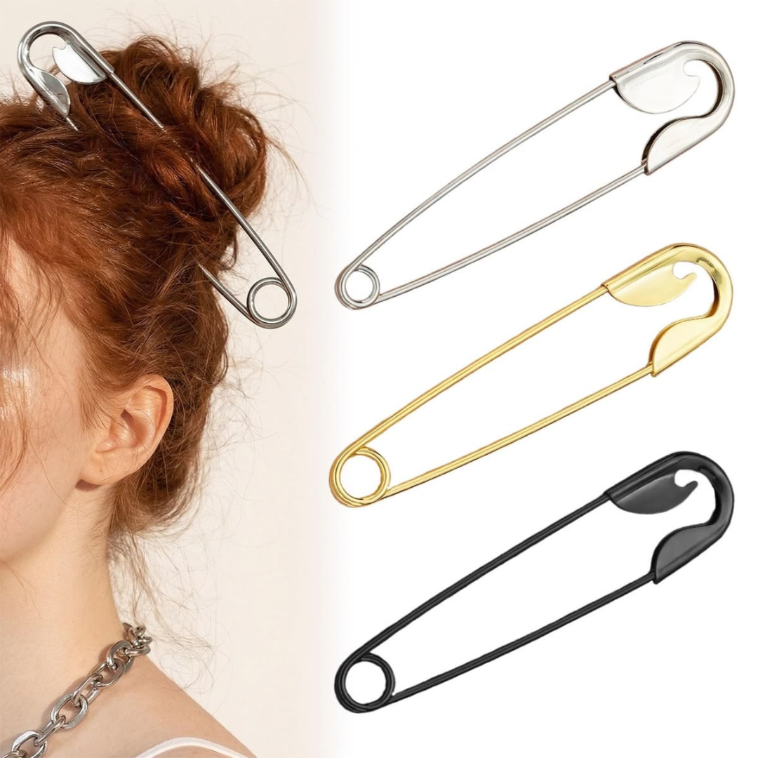 Silver Plated Oversized Safety Pin Hair Bun Stick for Women
