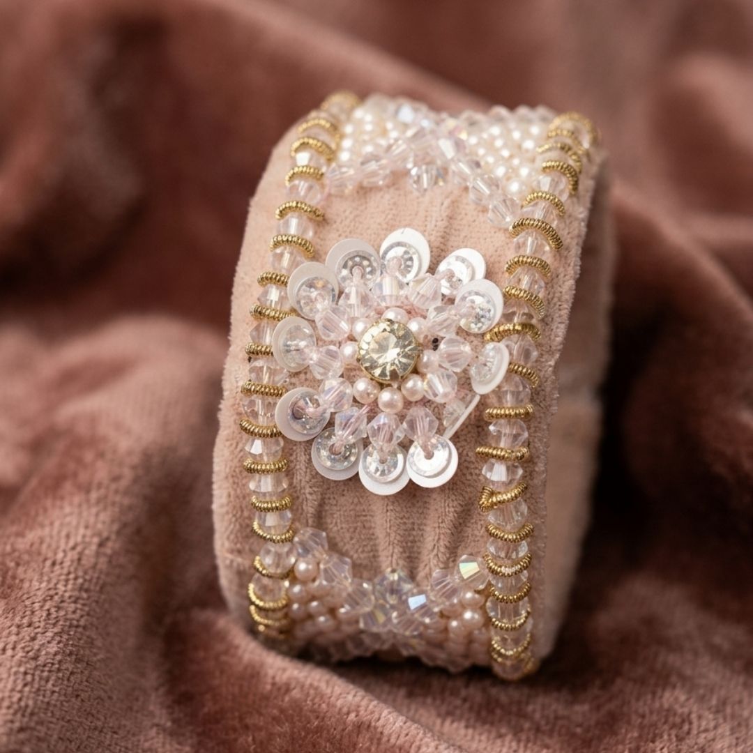Handmade Adjustable Floral Beaded Velvet Cuff Bracelet – Blush Pink