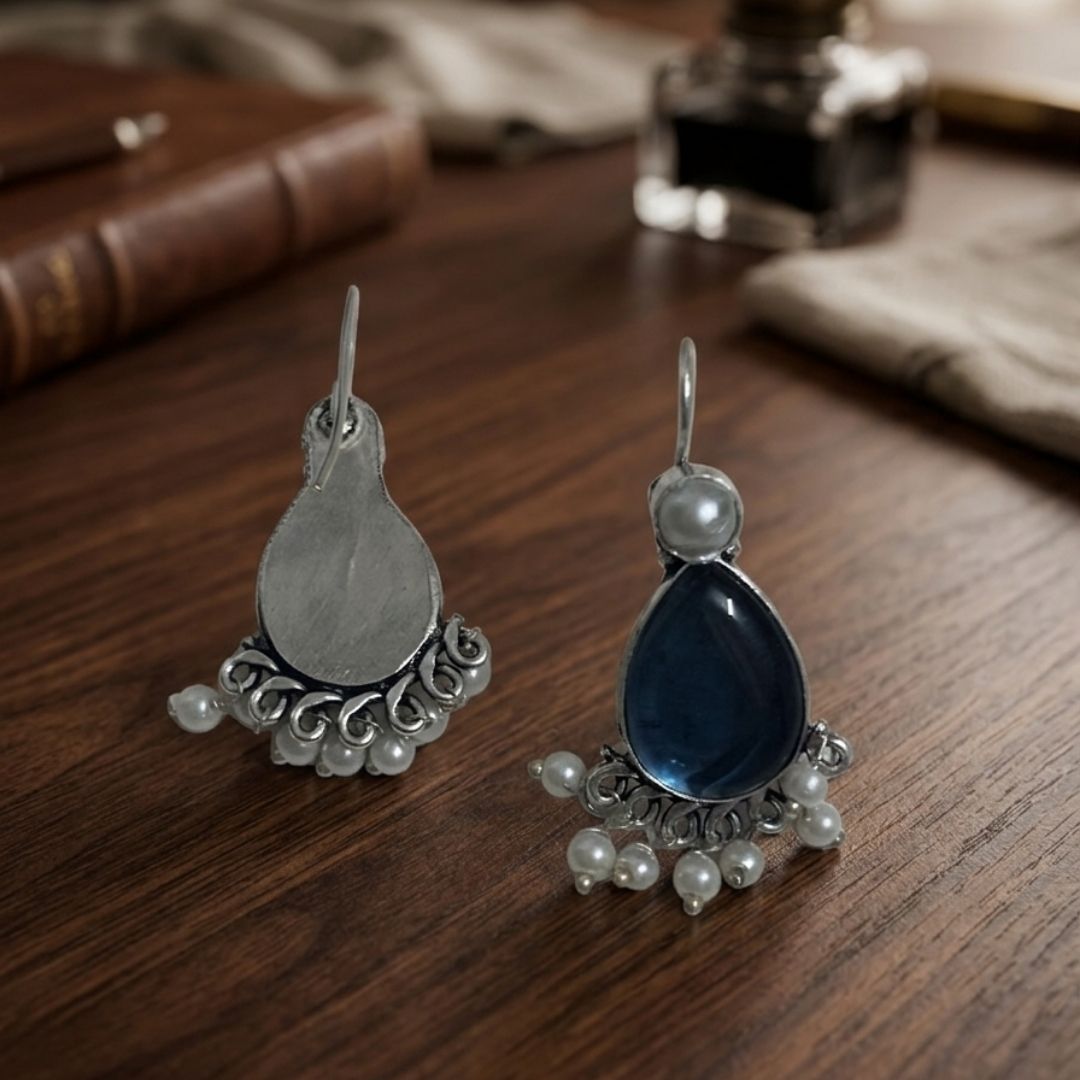 Royal Blue Stone & Pearl Drop Earrings in Sterling Silver
