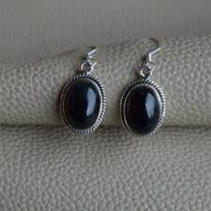 Black Stone Drop Earrings for Women | Oxidized German Silver Oval Dangle Earrings