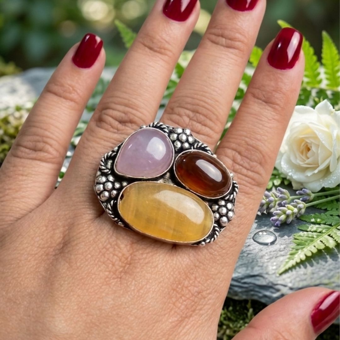 Vintage Bohemian Multi-Stone Statement Ring in Oxidized Silver