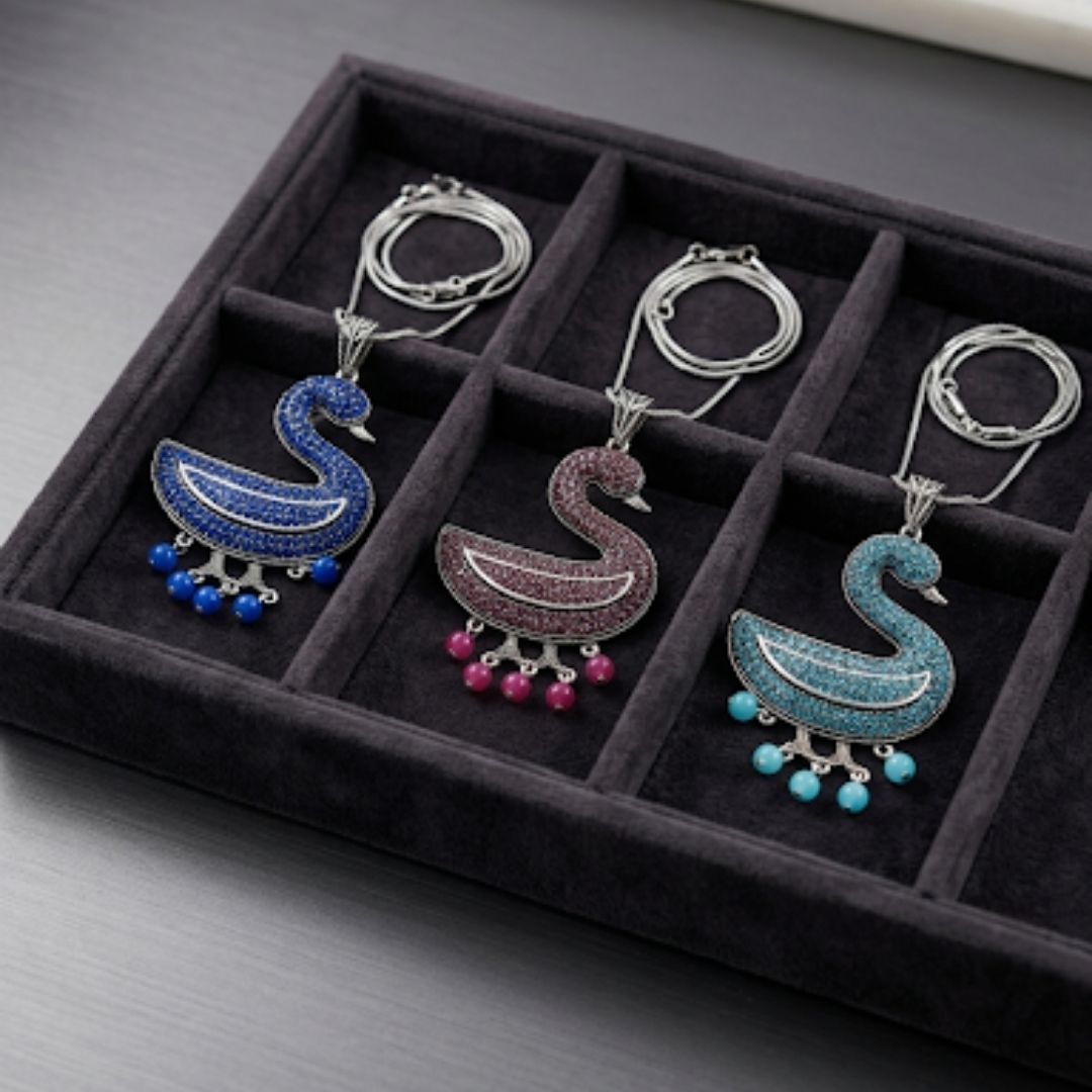 Oxidized Swan Pendant Necklace with Diamond-Look Stones & Hanging Pearl Drops