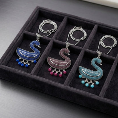 Oxidized Swan Pendant Necklace with Diamond-Look Stones & Hanging Pearl Drops