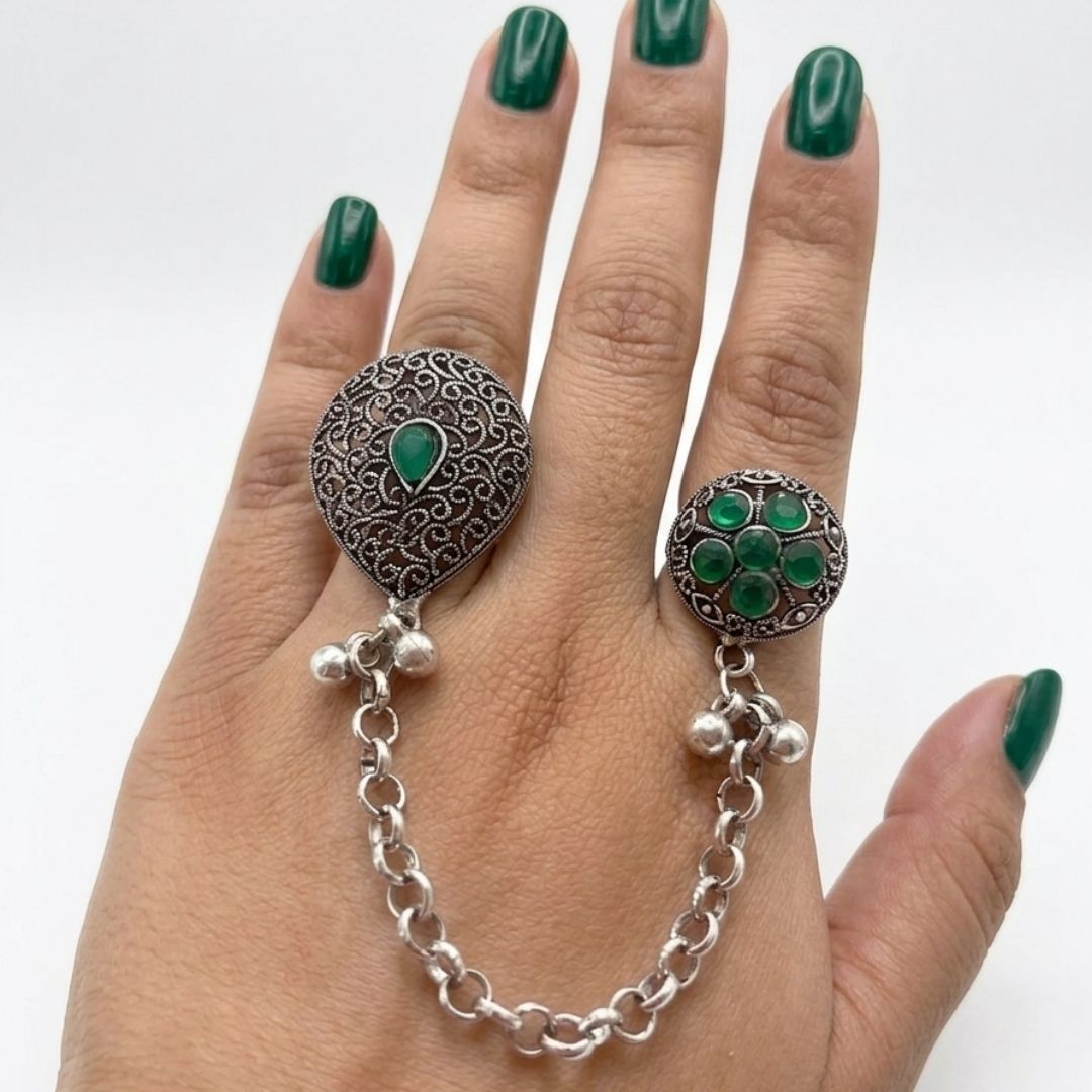 Oxidized German Silver Kashmiri-Style Green Stone Chain Hand Harness Ring
