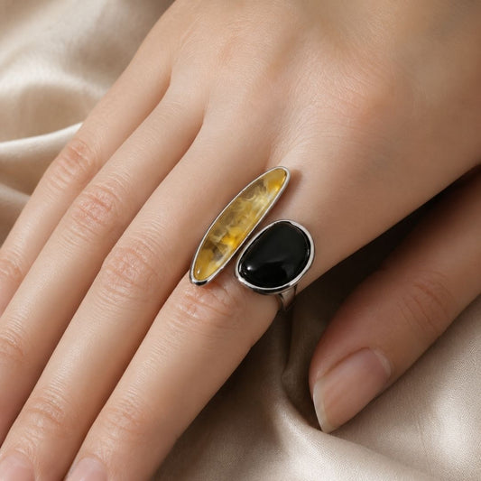 Brass 18K Gold-Plated Natural Stone Irregular Open Ring