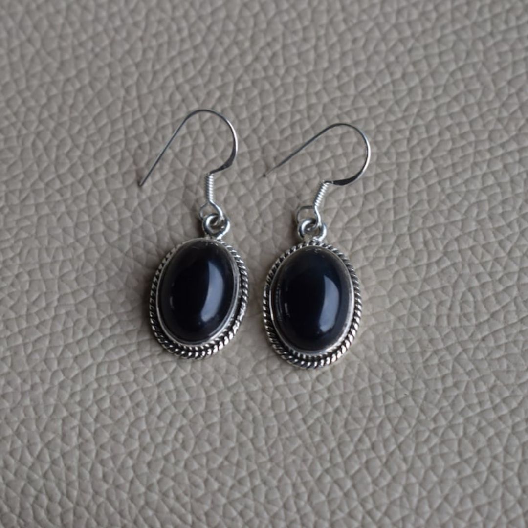 Black Stone Drop Earrings for Women | Oxidized German Silver Oval Dangle Earrings