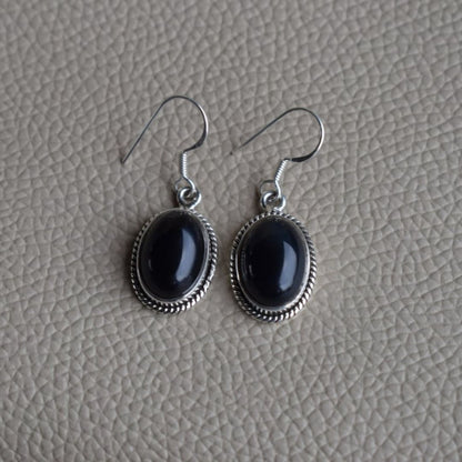 Black Stone Drop Earrings for Women | Oxidized German Silver Oval Dangle Earrings