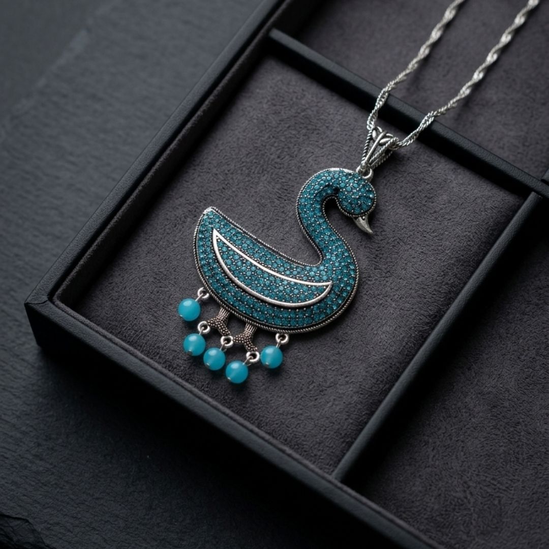Oxidized Swan Pendant Necklace with Turquoise Diamond-Look Stones & Hanging Pearl Drops