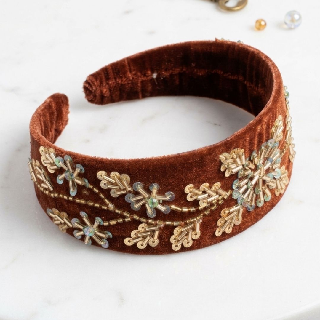 Handcrafted Premium Velvet Hairband with Elegant Beaded Embroidery