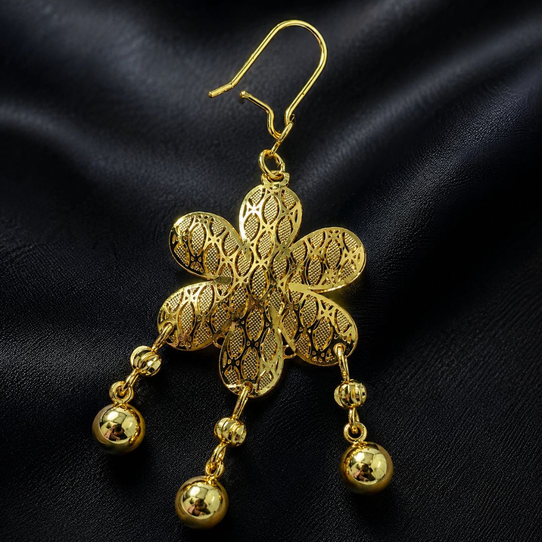 Elegant Golden Floral Filigree Drop Earrings with Pearl-Like Ball Charms