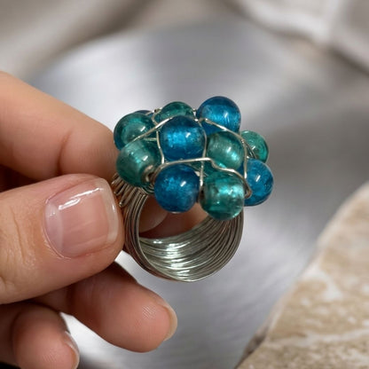 Handmade Blue & Teal Beaded Wire Wrap Statement Ring