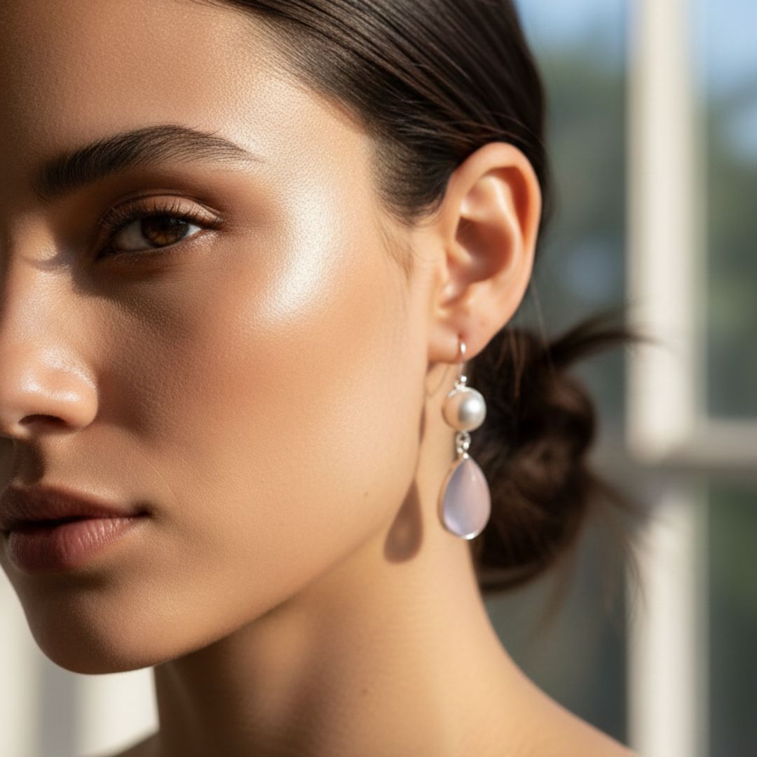 Silver Pearl & Rose Quartz Teardrop Earrings