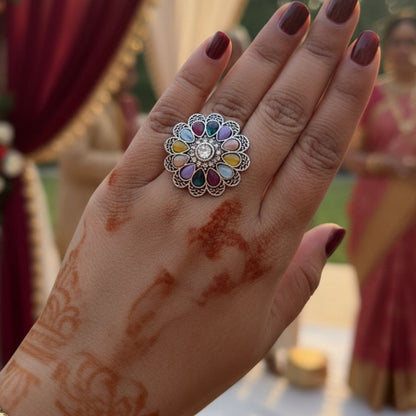 Antique Finish Oxidized Floral Statement Ring