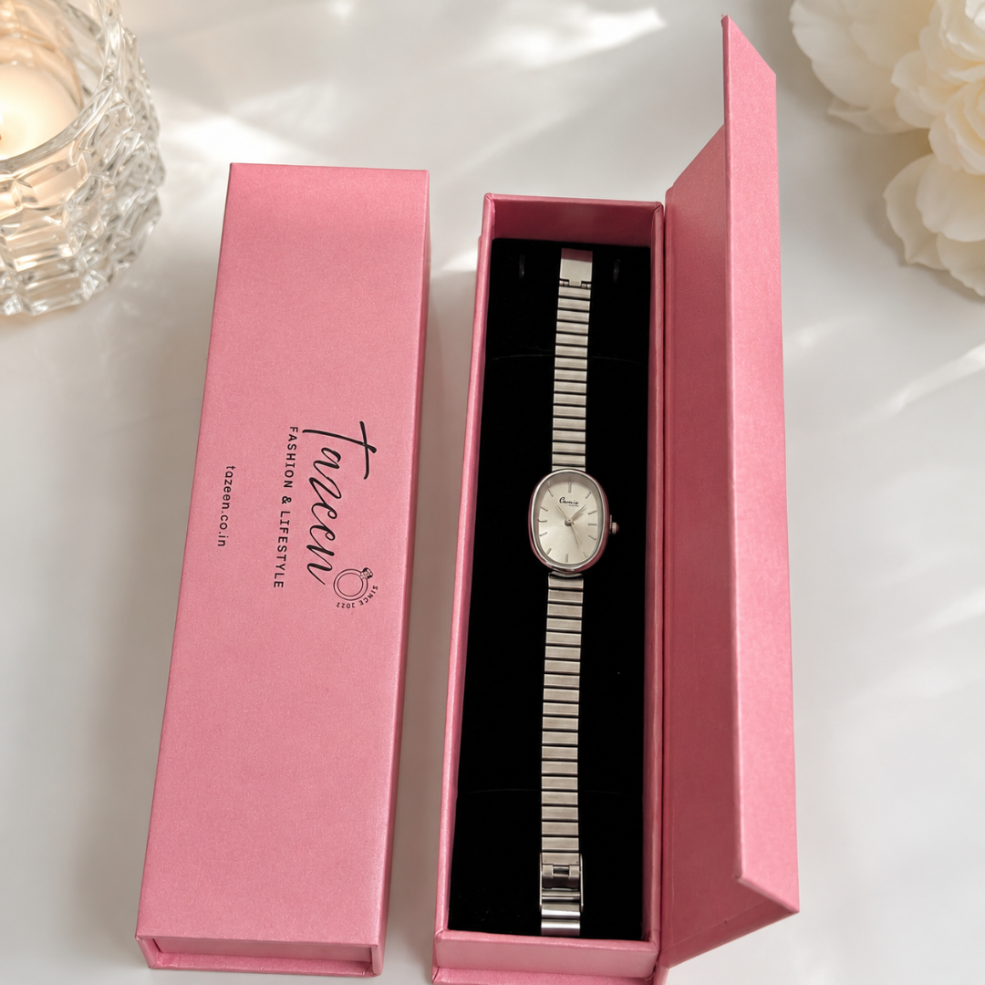 Annie Essence Oval Silver Watch – Minimalist Stainless Steel Watch for Women
