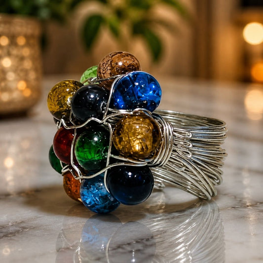 Handmade Multi Color Beaded Wire Wrap Cluster Ring