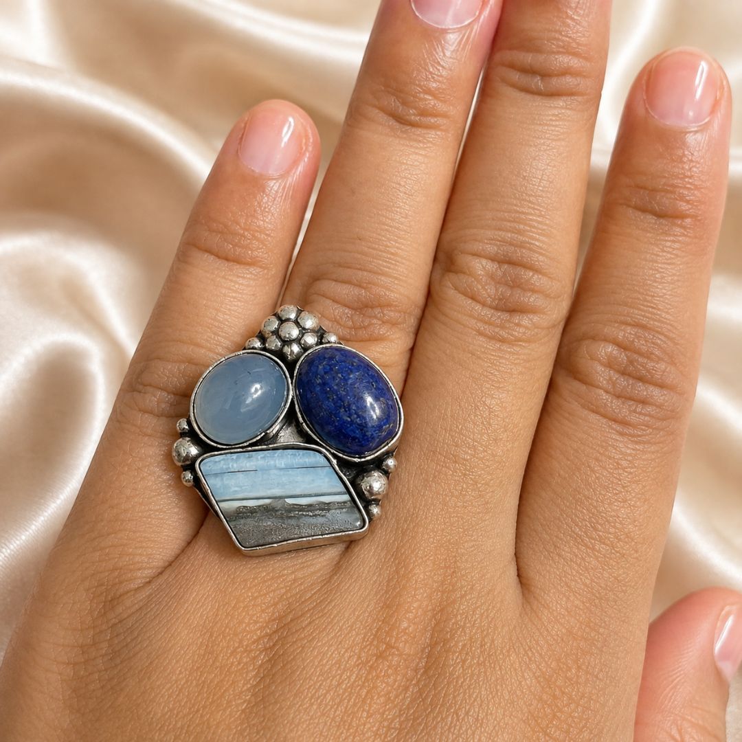 Sterling Oxidised Silver Statement Ring with Blue Chalcedony, Lapis Lazuli & Banded Gemstone