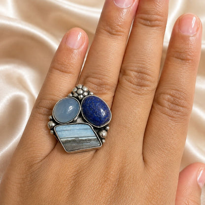 Sterling Oxidised Silver Statement Ring with Blue Chalcedony, Lapis Lazuli & Banded Gemstone
