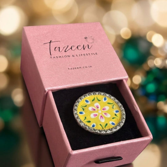 Elegant Meenakari Yellow Floral Silver Adjustable Finger Ring